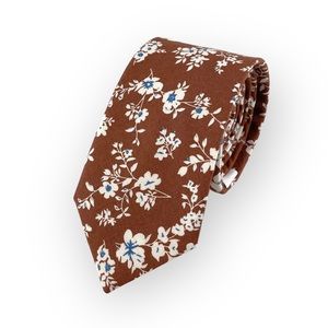 Men's Russet Brown Floral Print Necktie, Slim 2.5” Wedding Party Tie